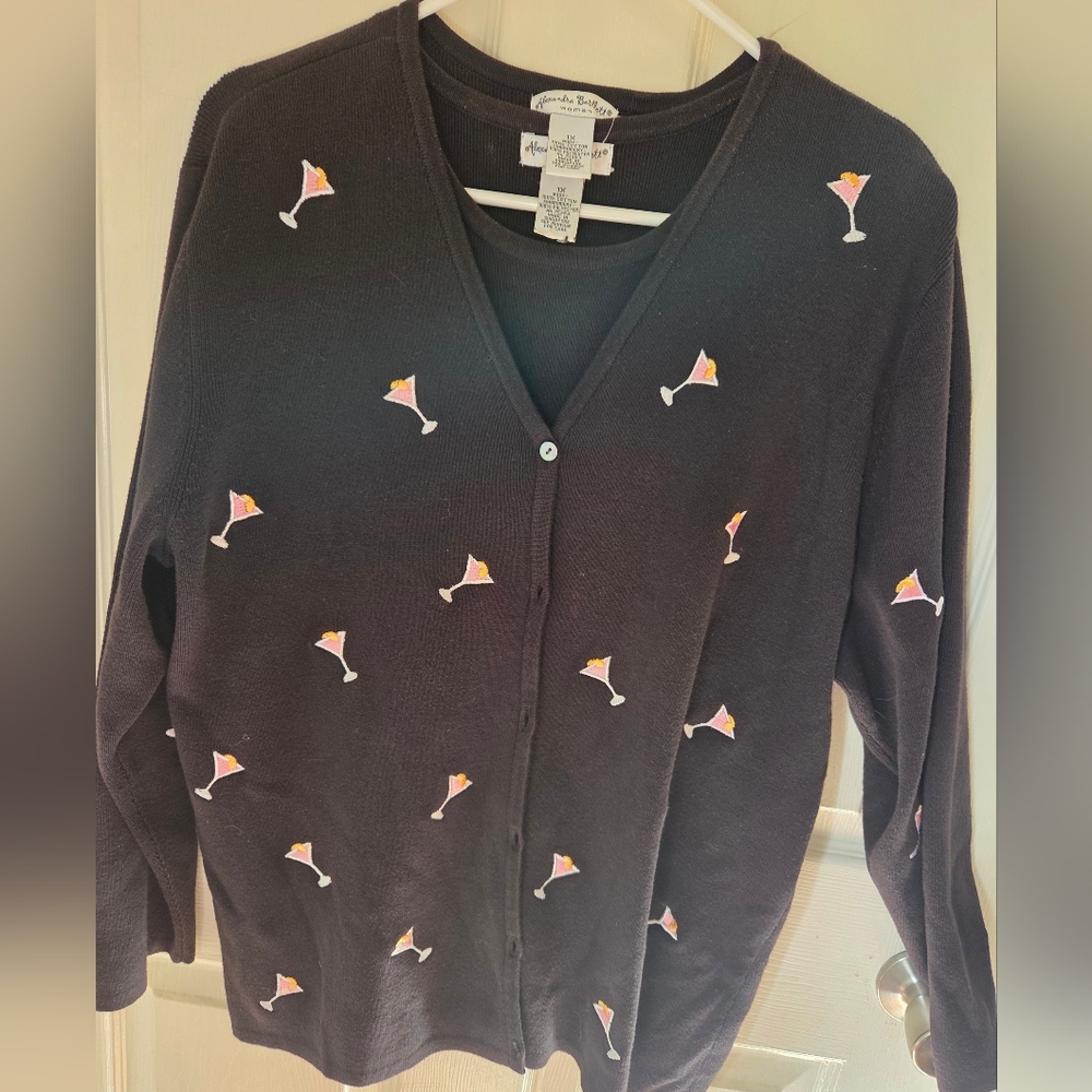 2 Pc Alexandra Bartlett 100% Cotton Cardigan Set with Martini Glass Embroidery